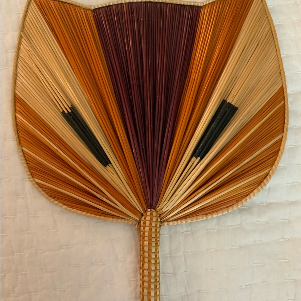 Handwoven African Straw Cat Face Fan Ghana Bolga Palm Leaf Handle Boho Decor